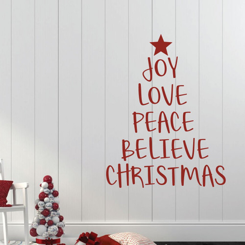 Christmas Tree Wall Decal - Joy Love Peace Believe - Holiday Vinyl Stickers for Living Room or Home Decoration