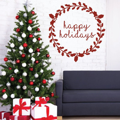 Christmas Wall Decal Decor - Happy Holidays Wreath Vinyl Stickers for Living Room or Home Decoration