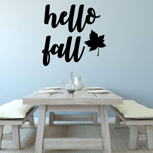 "Hello Fall" with Leaf Silhouette - Vinyl Wall Decal - Decoration - Autumn Decor - Use Indoor or on Outdoor Windows - Living Room - Family Room - Wall Sticker - Black White Orange Red Yellow