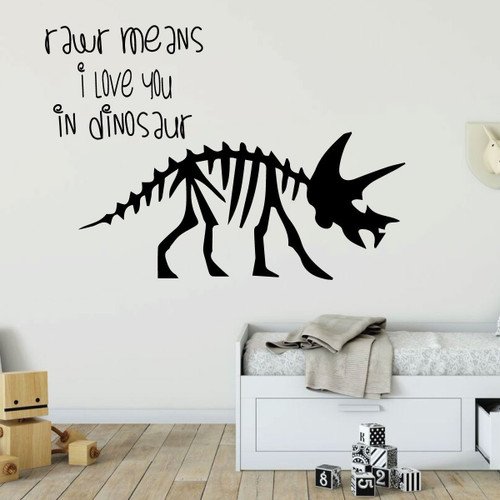 Dinosaur Vinyl Wall Decal - RAWR Means I love You - Triceratops Decor for Boys Room or Playroom Decoration
