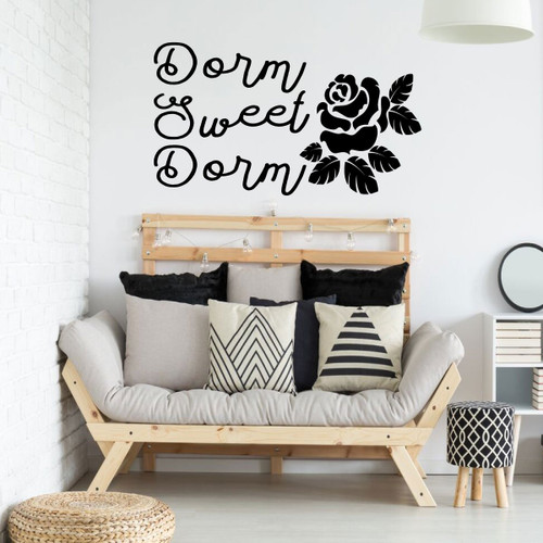 Dorm Room Decor Vinyl Wall Decoration for Women - "Dorm Sweet Dorm" Lettering with Rose Silhouette Design