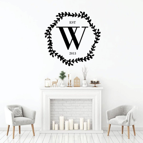 Family Wall Decal - Personalized Letter Name Wreath With EST Year - Vinyl Art Decoration for Living Room, Bedroom or Home Decor