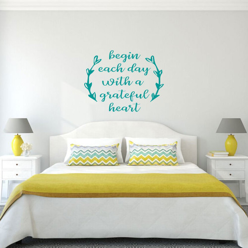 Gratitude Quote Wall Decal - Begin Each Day With a Grateful Heart - Christian, Religious Themed Vinyl Lettering Home Decor