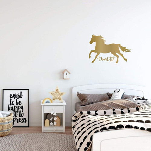 Horse Wall Decal | Personalized Vinyl Decor for Girl's Bedroom, Cabin, Ranch, Equestrian Center Decoration | Custom Name, Color, Size | Black, White, Gold, Pink, Purple, Blue, 25 Colors | Small, Large
