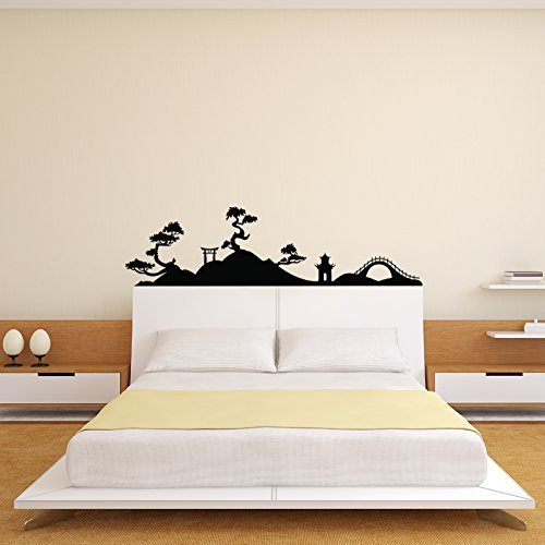 Japanese Bonsai Tree Vinyl Wall Decal - Asian Landscape Silhouette Design - Oriental Themed Decoration