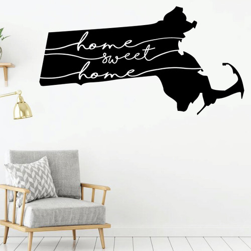 Massachusetts Decal - Home Sweet Home - State Silhouette Vinyl Wall Art for Home Decor, Living Room or Family Room Decoration