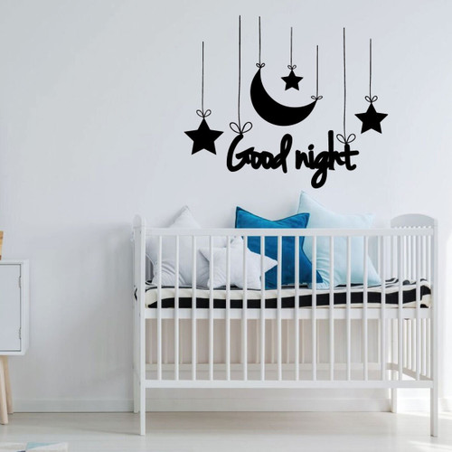 Nursery Wall Decal - Good Night With Stars And Moon Design - Vinyl Decorations for Bedroom, Playroom or Study Area