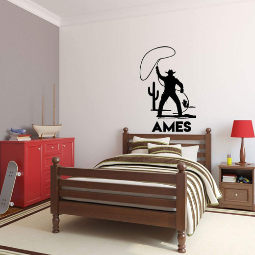 Personalized Cowboy Silhouette Vinyl Wall Decal - Ranch or Farmhouse Decor for Living Room, Bedroom, Boys Room, Playroom, Man Cave ' Pick Your Color, Name and Size