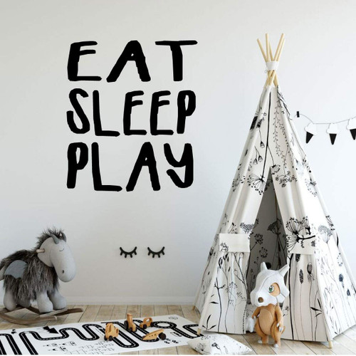 Playroom Wall Decal for Boy and Girl Kids - Unique Vinyl 'EAT SLEEP PLAY' Lettering Available in Small and Large Sizes and Blue, Pink, Purple, Black, White, Other Bright Colors