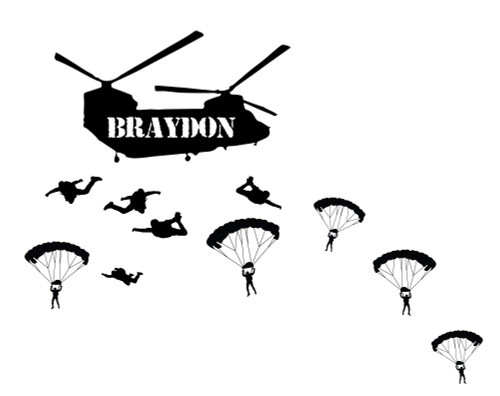 Room Wall Decor - Army Chinook and Parachuters with Personalized Name Vinyl Decal Stickers for Boys Bedroom, Playroom, Bathroom or Nursery - Custom Sizes and Colors Match the Theme of any Living Space