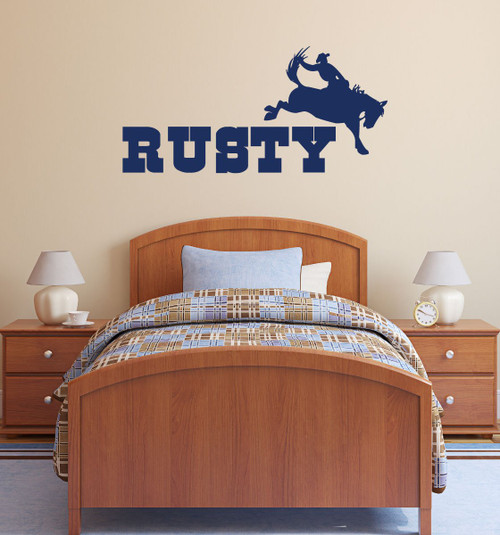 Room Wall Decor - Western Rodeo Cowboy w/Personalized Name - Vinyl Decal Wall Sticker for Kids, Boys or Girls Bedroom, Playroom, or Barn - Custom Sizes and Colors Match The Theme of Any Living Space