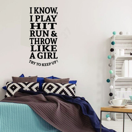 Softball Vinyl Wall Decal for Girls - "Throw Like A Girl" Sports Themed Quote for Girls and Women - Home Decor Sticker for Bedroom - Team Locker Room or Practice Area Decoration