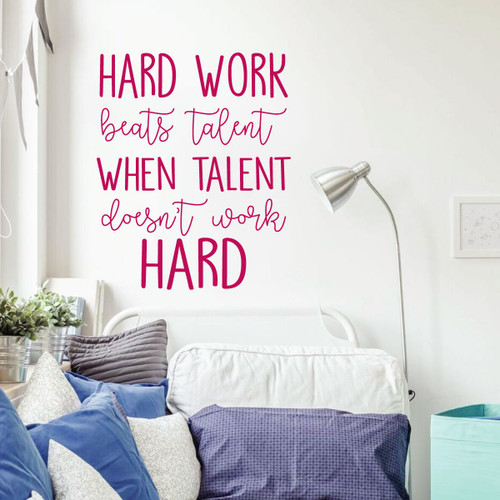 Sport Inspirational Wall Decal Quote - Hard Work Beats Talent - Vinyl Decor for Girl's Bedroom or Playroom Decorations