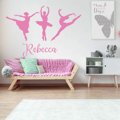 Three Ballet Dancers with Personalized Vinyl Decal for Girls Room - Customized Color, Size, and Name Wall Sticker for Bedroom or Dance Studio