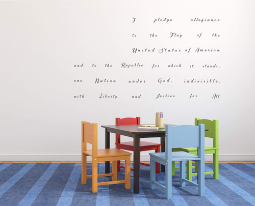 Verses to Pledge of Allegiance in American Flag Silhouette Vinyl Decal Lettering for Living Room or Bedroom, Office, or Classroom - Available in Red, White, Blue, Other Bright Colors