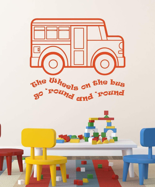 Wheels on the Bus Song Wall Decor Nursery Rhyme Vinyl Decal for Playroom, Baby Nursery, Child's Bedroom, Daycare