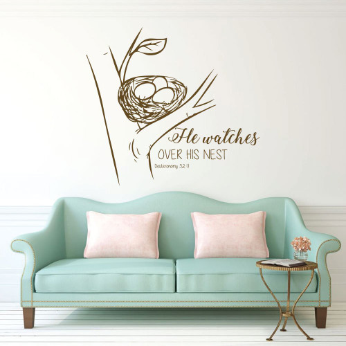 Bible Verse Wall Art - Deuteronomy 32:11 - He Watches Over His Nest - Nature Decals for Walls, Vinyl Scripture Wall Decals, Christian Home Decor, Church Wall Decals