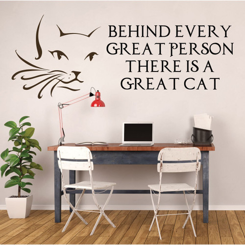 Cat Wall Decals - Cat Lover Gifts - Cat Face with Whiskers - Behind Every Great Person There Is A Cat - Vinyl Wall Decor for Bedroom, Study, Playroom or Familyroom.