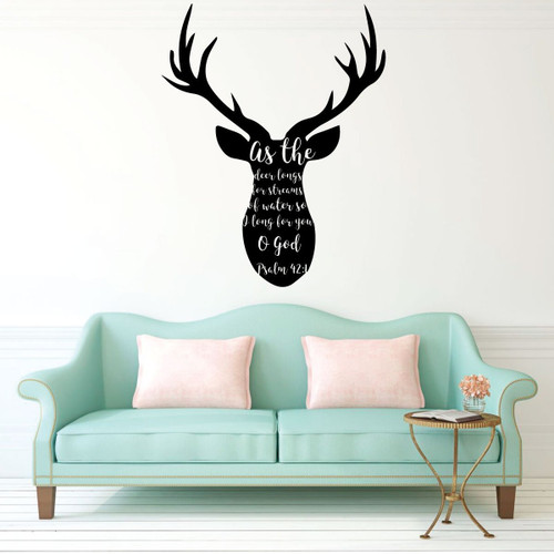 Christian Wall Decal Psalm - As The Deer Longs For Streams Of Water - Deer Head Design With Quote - Scripture Home Decor Or Church Decoration
