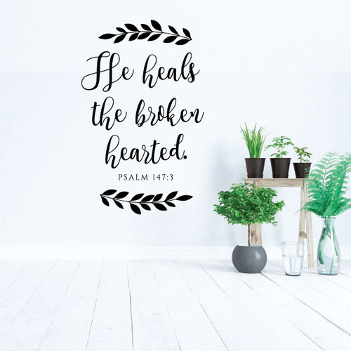 Christian Wall Decal Psalm - He Heals The Broken Hearted - Vinyl Scripture And Religious Home Decor Or Church Decoration