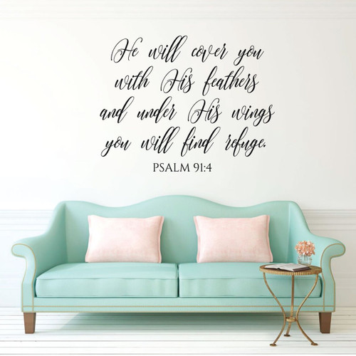 Christian Wall Decal Psalm - He Will Cover You With His Wings - Vinyl Scripture And Religious Home Decor Or Church Decoration