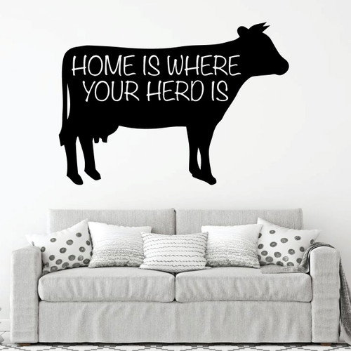 Family Wall Decal - Home Is Where Your Herd Is - Cow Silhouette - Vinyl Art for Living Room, Bedroom or Home Decor