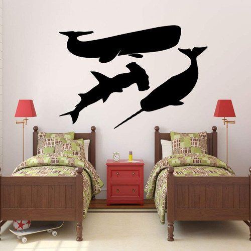 Ocean Wall Decor for Kids - Sperm Whale, Narwhal, Hammerhead Shark Silhouettes Vinyl Decals