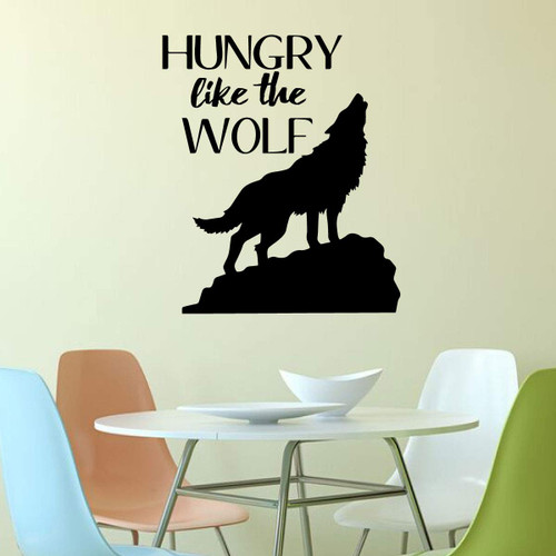 'Hungry Like The Wolf' Wall Decal - Kitchen or Restaurant Themed Vinyl Decor with Wolf Silhouette