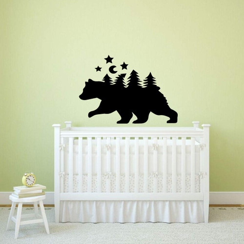 Bear Nursery Decor Vinyl Wall Decal Nature Scene with Trees, Moon, Stars Silhouettes