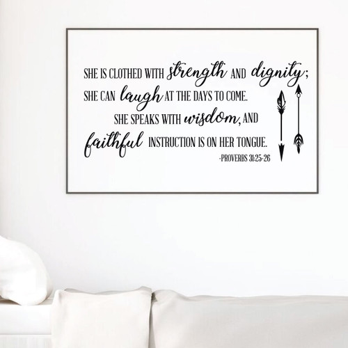 Christian Wall Decal - Proverbs Verse - She Is Clothed With Strength And Dignity - Vinyl Scripture And Religious Home Decor for Girls Bedroom or Church Decoration
