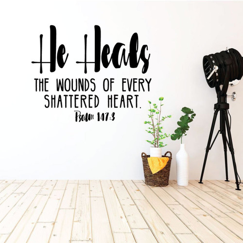 Christian Wall Decal Psalms - He Heals The Wounds - Vinyl Scripture And Religious Home Decor Or Church Decoration