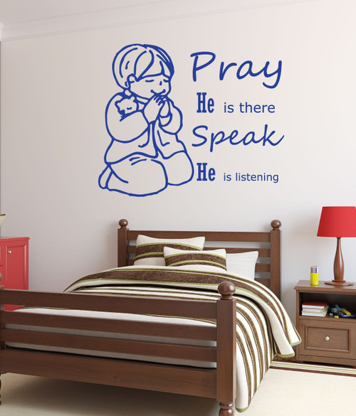 Christian Wall Decals - Little Boy Praying, Pray He is there Speak He is listening - Religious Wall Decals For the Childrens Room or Playroom, Boys Bedroom Decor, Baby Boy Bedroom Decor