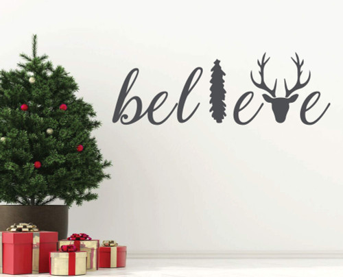 Christmas Wall Decal Decor - Believe with Reindeer and Tree Silhouette - Holiday Vinyl Stickers for Living Room or Home Decoration