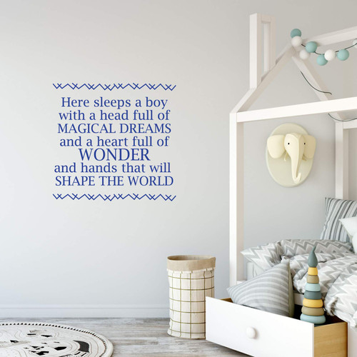 Boy Wall Decor | Nursery or Bedroom Vinyl Lettering Stickers | Here Sleeps a Boy Quote | Baby Shower or Birthday Gift | Small, Large, Extra Large | Black, White, Blue, Other Colors