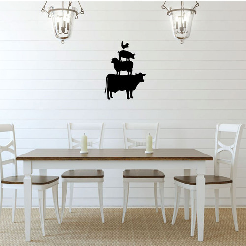 Dining Room Wall Decal - Farm Animals - Chicken, Pig, Sheep, Cow Silhouette Vinyl Art Decoration for Home, Bedroom or Family Room