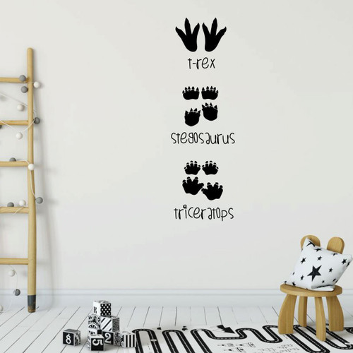 Dinosaur Wall Decal for Kids - Stegosaurus, T Rex, Triceratops Foot Prints - Vinyl Sticker Decoration for Children's Room Playroom, Preschool or Classroom Decor