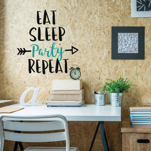 Funny Wall Art - Wall Decor Party - Eat Sleep Party Repeat - Wall Decals for Home Decor, Bedroom, Playroom, Dorm Or Fun Room.
