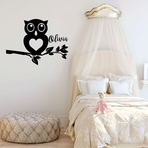 Girls Room Wall Decal - Owl on Tree Branch - Personalized Children or Teen Vinyl Decoration for Bedroom or Playroom Decor