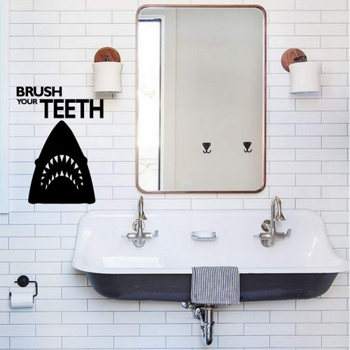 Great White Shark Wall Decal - Brush Your Teeth - Silhouette Vinyl Sticker Decor for Boys - Kids Bathroom or Restroom Decoration - Dental Office Fun Gift