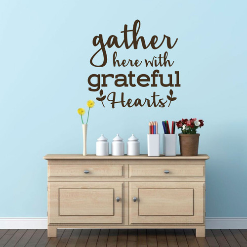 Home Wall Decal - Gather Here With Grateful Hearts - Vinyl Decoration For Living Room, Game Room Or Family Room