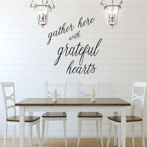 Kitchen Wall Decal - 'Gather Here With Grateful Hearts' - Vinyl Art Decoration for Home or Dining Room Decor