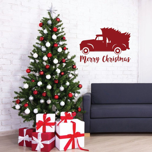 Merry Christmas Wall Decal - Chevy Truck with Pine Tree - Holiday Vinyl Decor for Living Room or Home Decoration