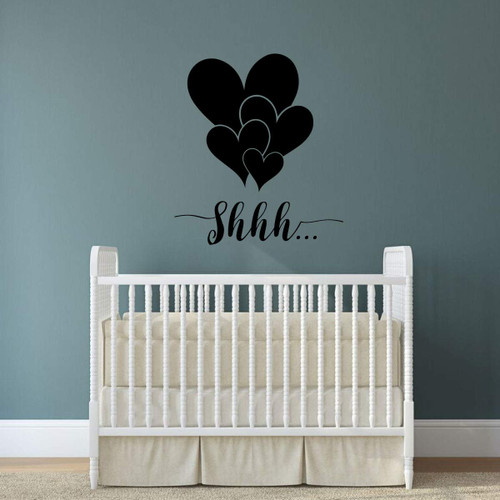 Nursery Wall Decal - "SHHH..." Lettering and Large Hearts - Elegant Vinyl Wall Decor for Baby's Room - Crib Accent for Newborn Boy or Girl
