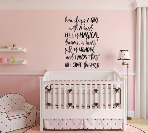 Room Wall Decor - Girl Wall Decoration - Nursery Vinyl Lettering Stickers - Here Sleeps a Girl Quote - Baby Shower or Birthday Gift - Custom Sizes and Colors Match Any Themed Living Space