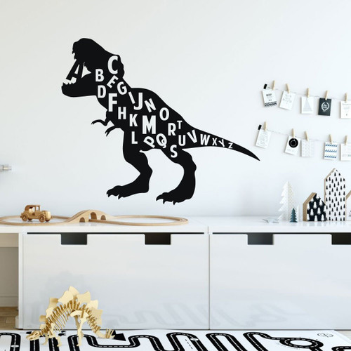 Wall Decal For Children - Alphabet Letters with Dinosaur T-REX Silhouette - Vinyl Decor For Bedroom, Playroom Or Nursery Room