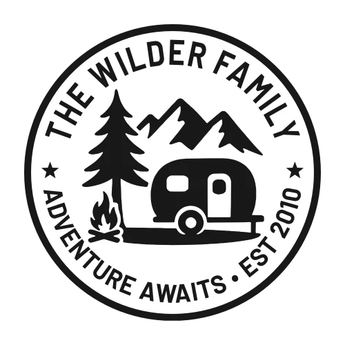 Round camper badge decal with your family name and established year - shown as The Wilder Family, Est 2010