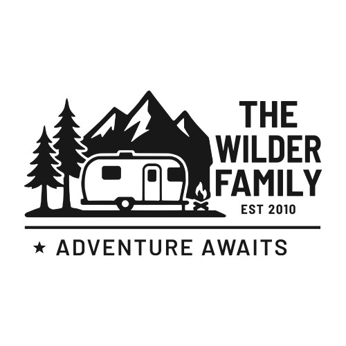 Camper and mountain scene decal with your family name, year and Adventure Awaits - shown as The Wilder Family, Est 2010