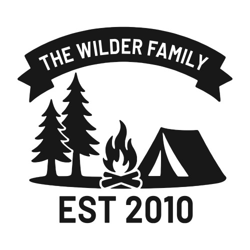 Campsite decal with your family name on a banner over a tent, campfire and pines - shown as The Wilder Family, Est 2010