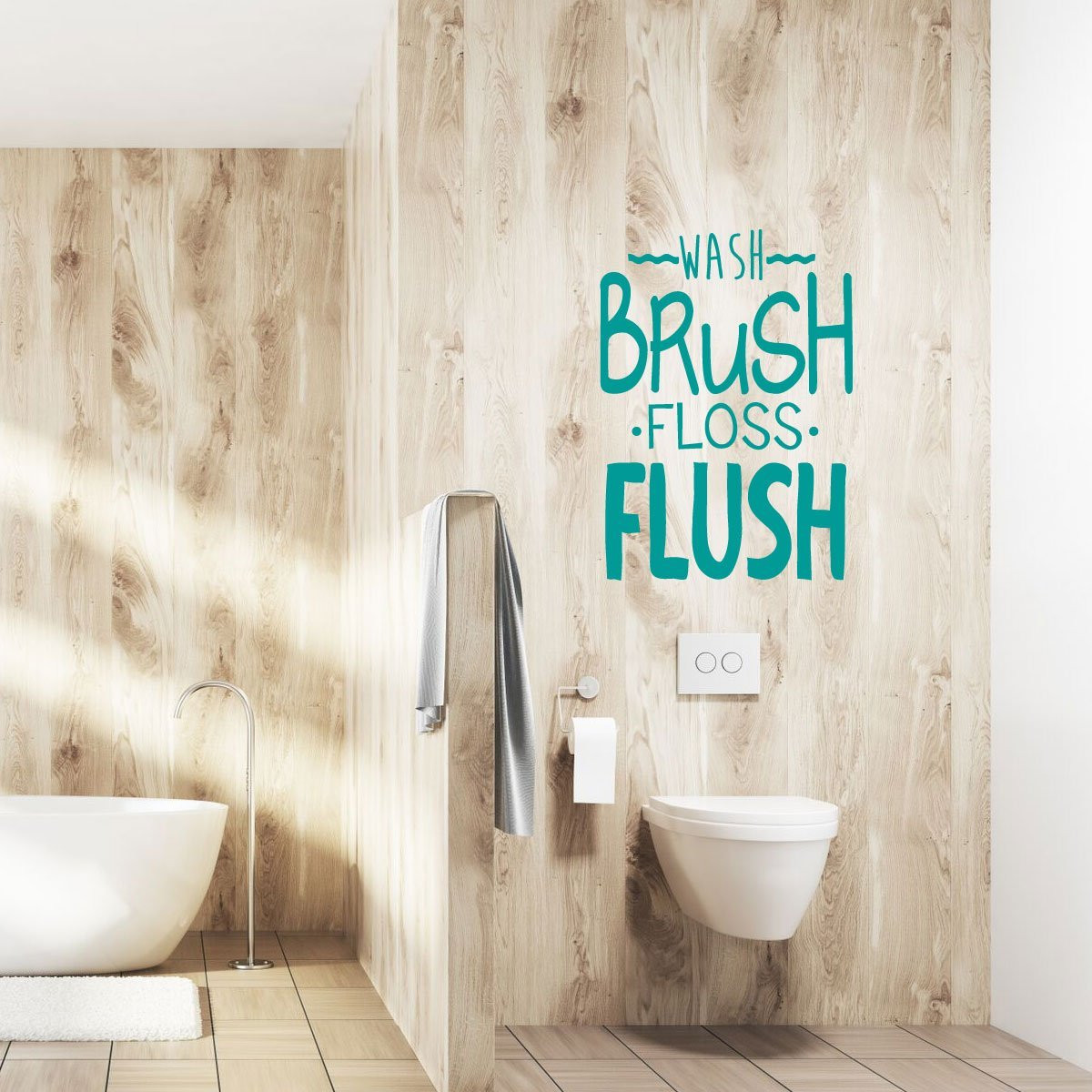 Wash Brush Floss Flush bathroom wall decal in a modern bathroom