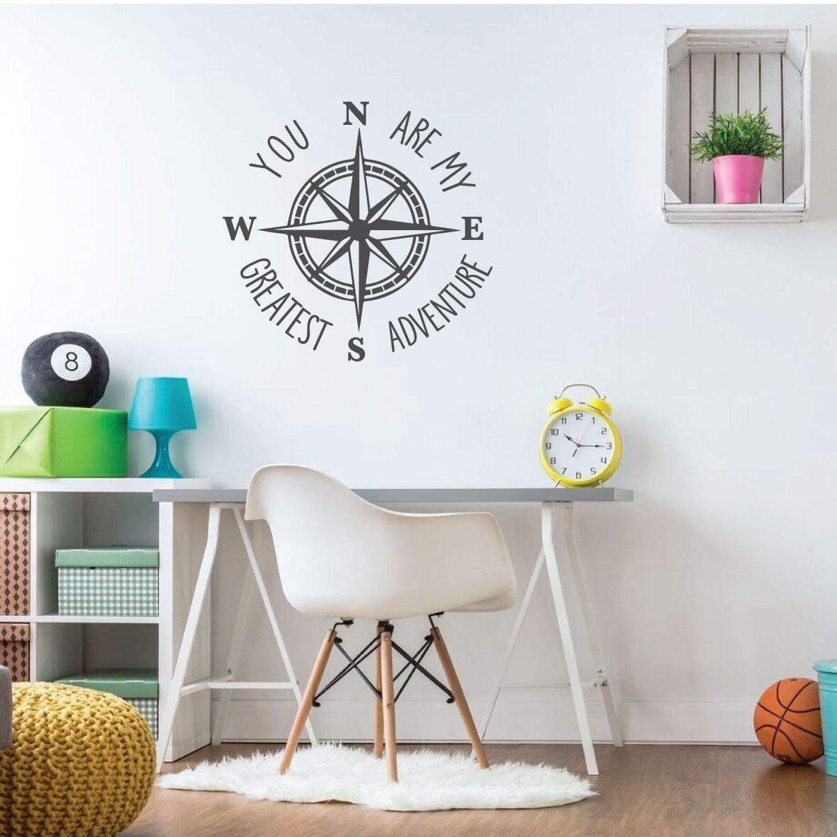 Compass rose wall decal with You Are My Greatest Adventure quote in a kids study area